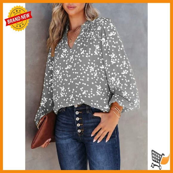 Long Sleeve Chiffon Blouse V Neck Smocked Back Bohemian Top - Picture 3 of 8